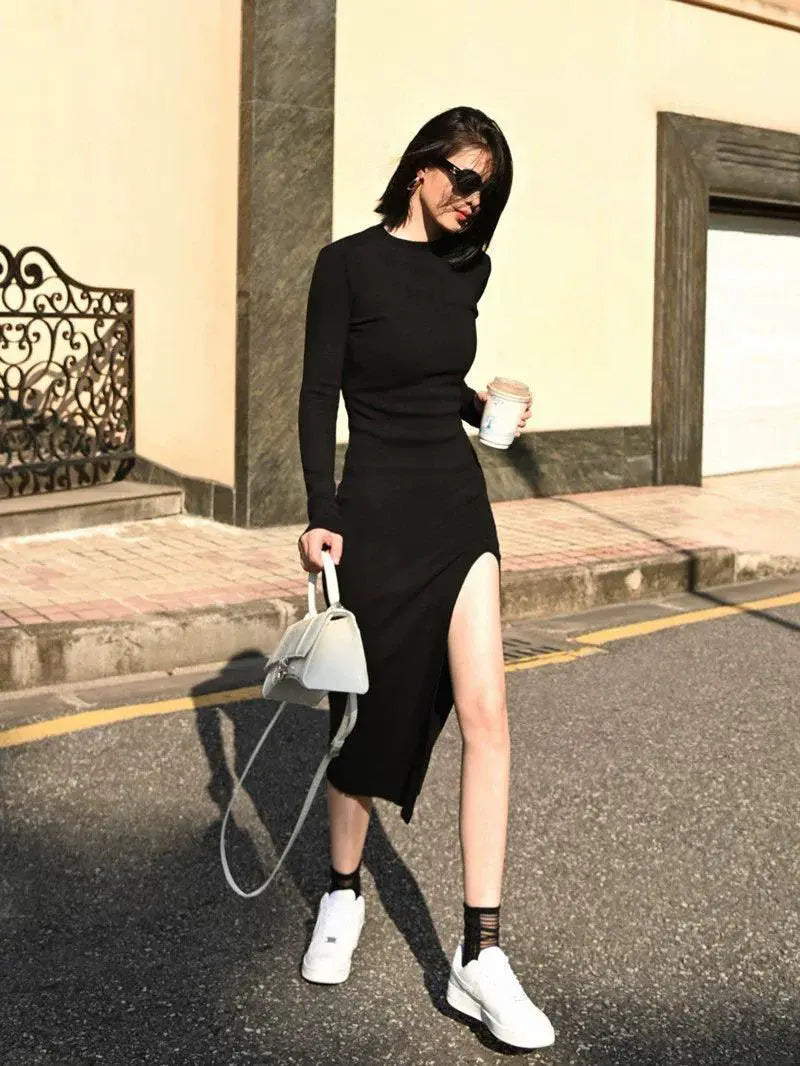 Autumn Knit Dress With Mock Neck And Slit Detail For Fall