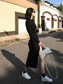 Autumn Knit Dress With Mock Neck And Slit Detail For Fall