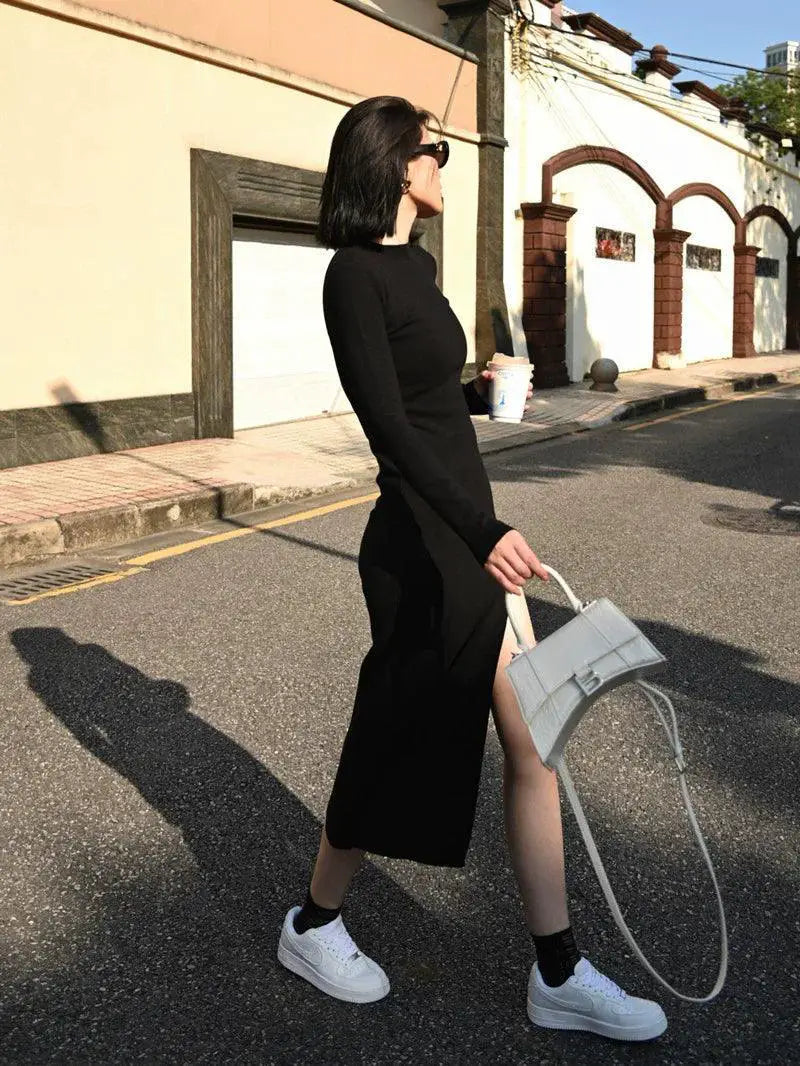 Autumn Knit Dress With Mock Neck And Slit Detail For Fall
