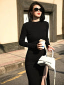 Autumn Knit Dress With Mock Neck And Slit Detail For Fall