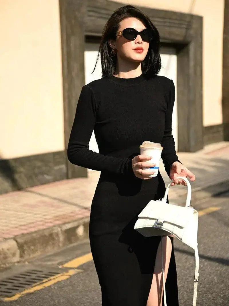 Autumn Knit Dress With Mock Neck And Slit Detail For Fall