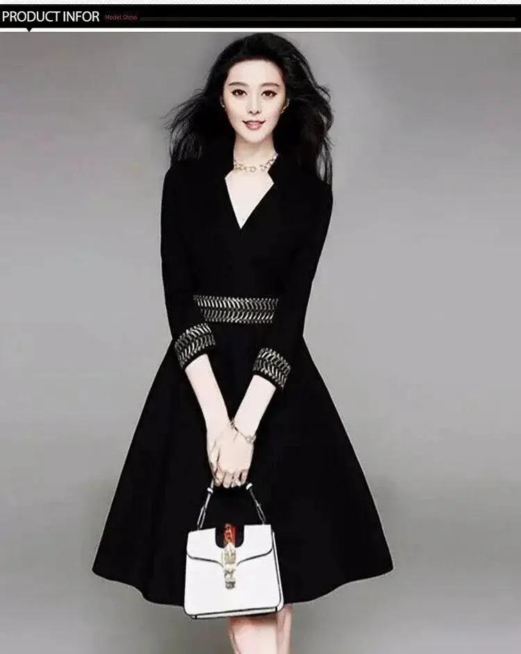 Autumn Elegance Embroidered Black Dress With V Neckline