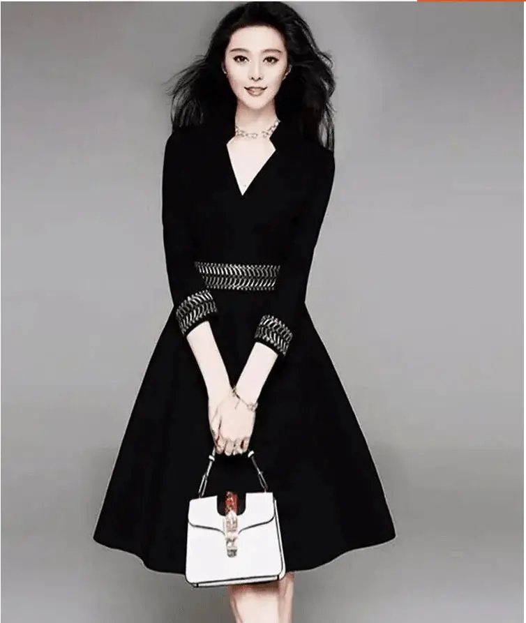 Autumn Elegance Embroidered Black Dress With V Neckline