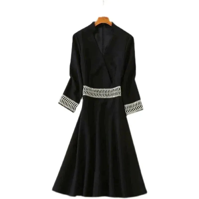 Autumn Elegance Embroidered Black Dress With V Neckline