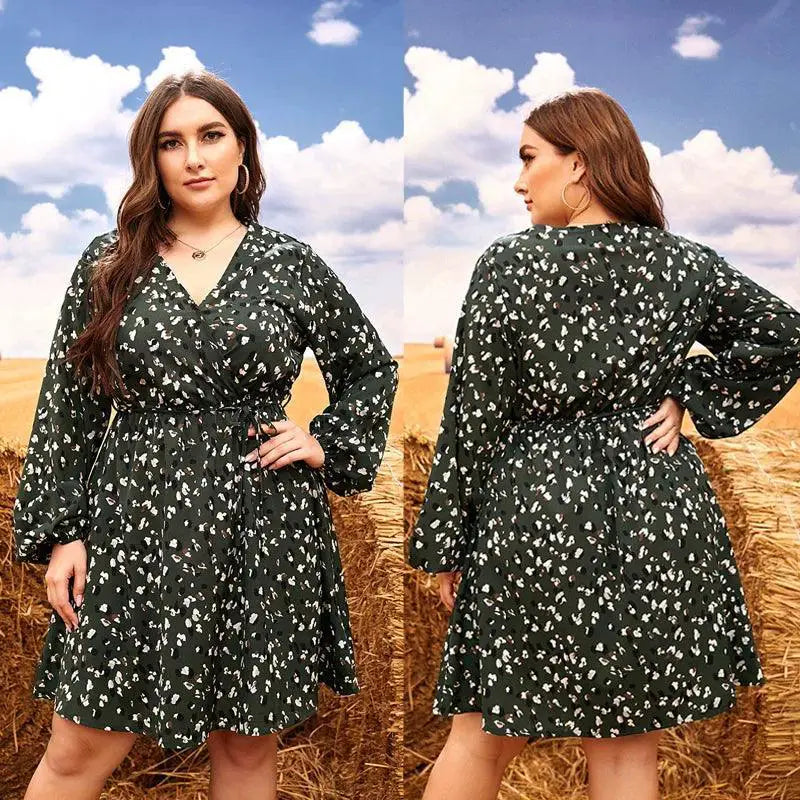 Autumn Floral V Neck Plus Size Dress for Fashionable Women
