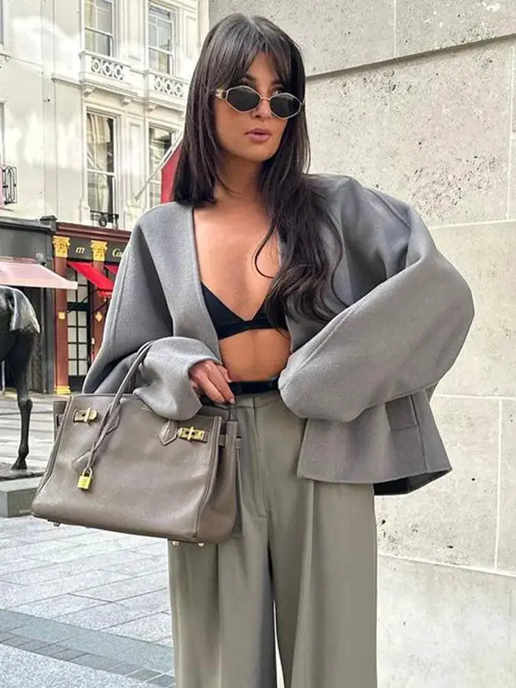 Autumn Grey V Neck Jacket Chic Streetwear Coat For Winter