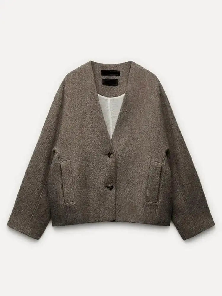 Autumn Grey V Neck Jacket Chic Streetwear Coat For Winter