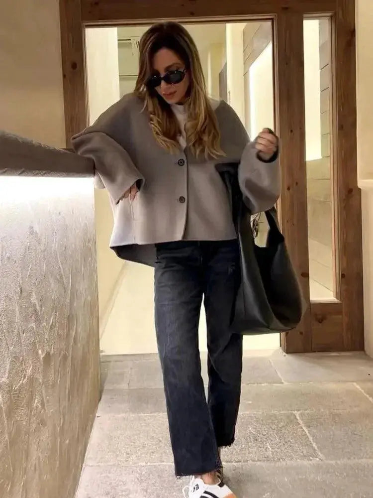 Autumn Grey V Neck Jacket Chic Streetwear Coat For Winter