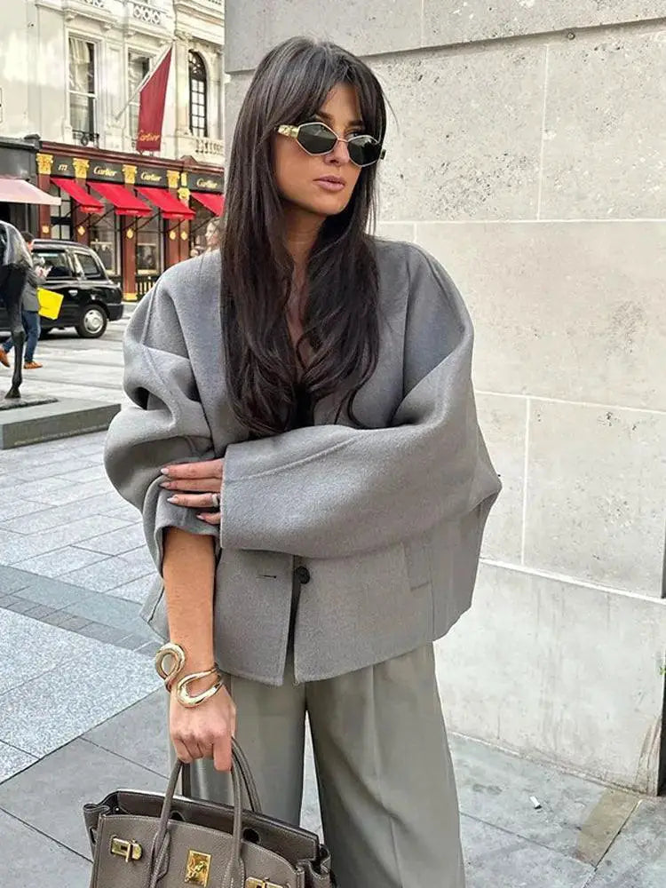 Autumn Grey V Neck Jacket Chic Streetwear Coat For Winter