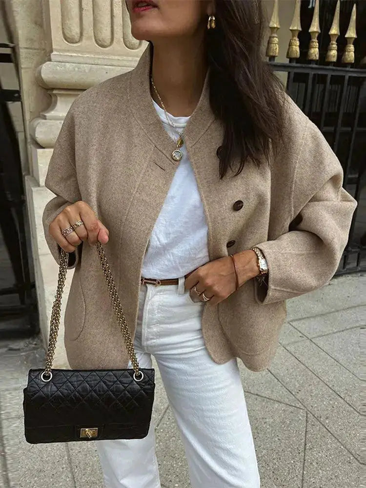 Autumn Grey V Neck Jacket Chic Streetwear Coat For Winter