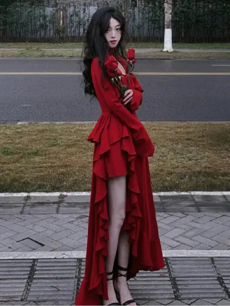 Autumn Red Vintage Dress With Designer Flare Sleeve Style