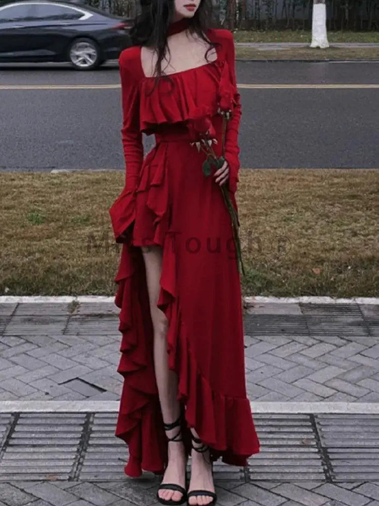 Autumn Red Vintage Dress With Designer Flare Sleeve Style