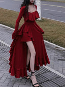 Autumn Red Vintage Dress Designer Flare Sleeve Style