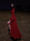 Autumn Red Vintage Dress Designer Flare Sleeve Style