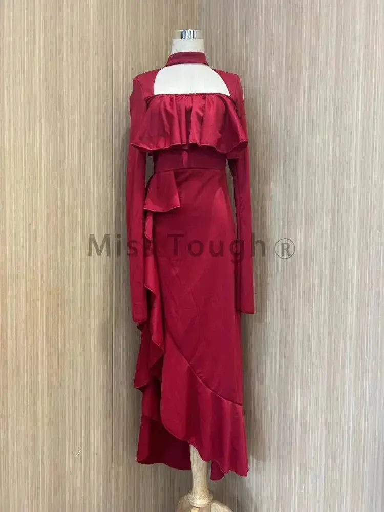 Autumn Red Vintage Dress With Designer Flare Sleeve Style
