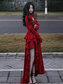 Autumn Red Vintage Dress Designer Flare Sleeve Style