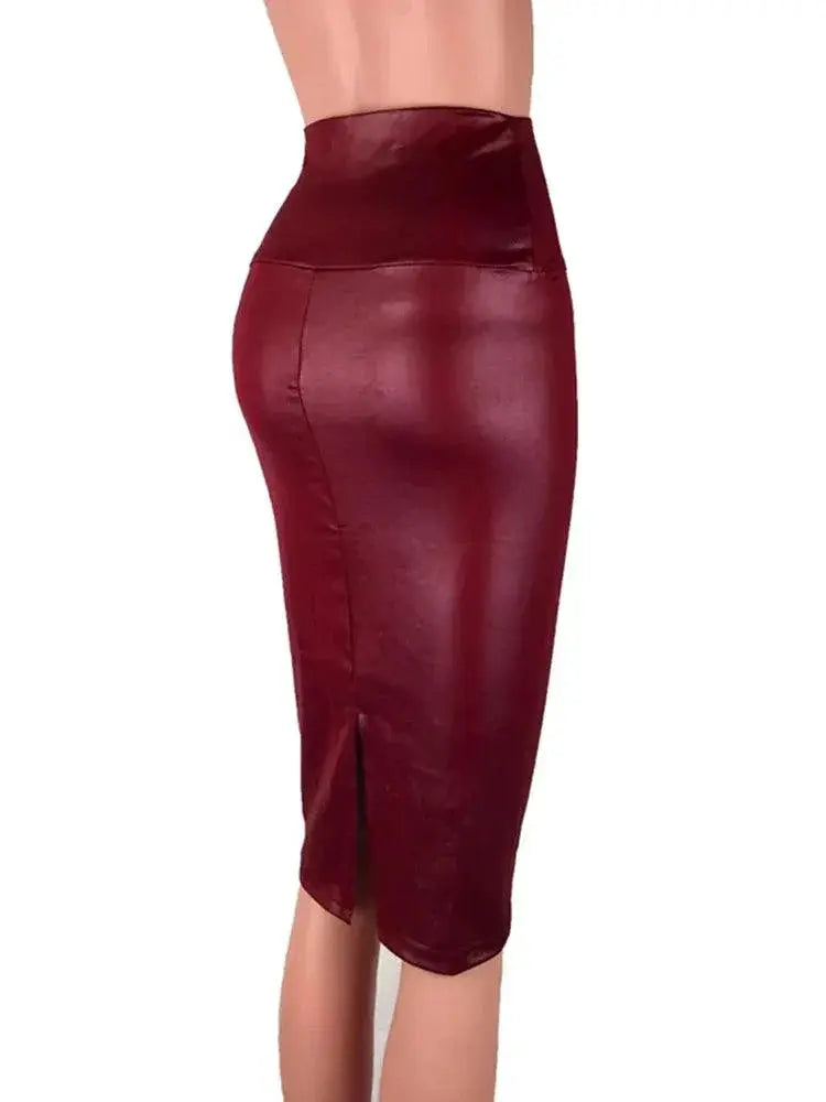 Back Split Black PU Leather Pencil Skirt Sexy High Waist