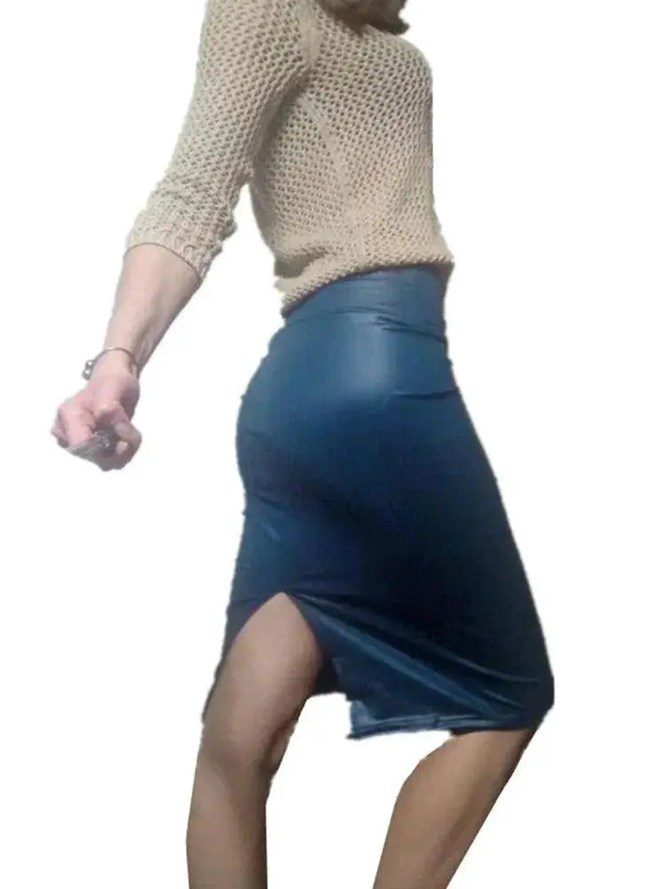 Back Split Black PU Leather Pencil Skirt Sexy High Waist
