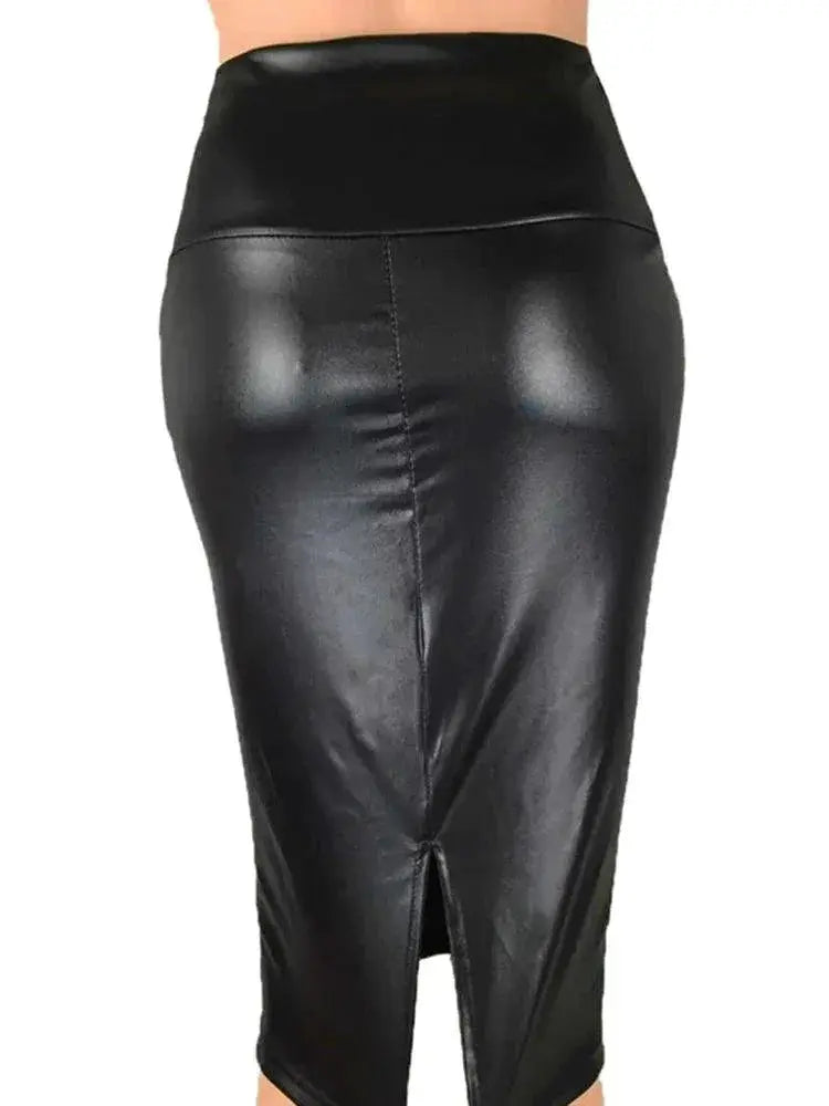 Back Split Black PU Leather Pencil Skirt Sexy High Waist