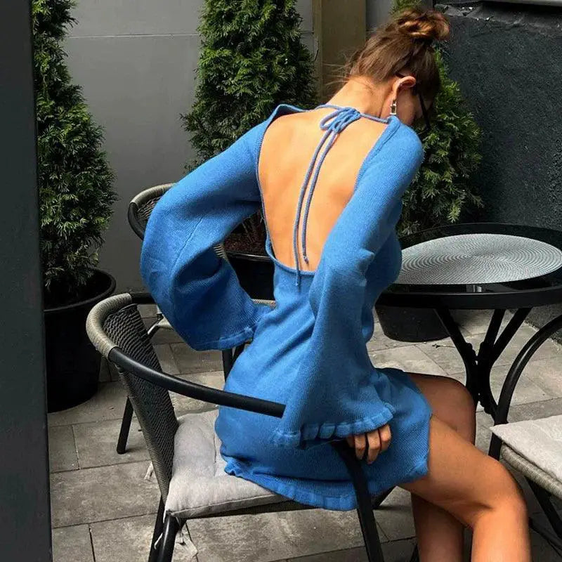 Backless Pleated Dress With Tape Accents Statement Piece