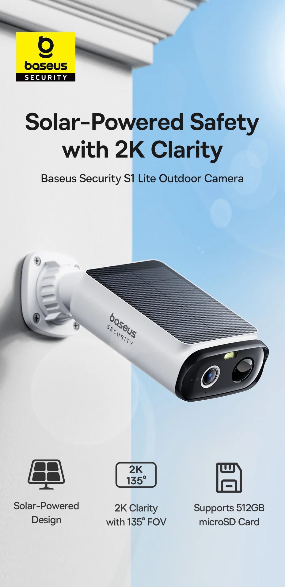 Baseus S1 Lite Solar Security Cameras - 2K FHD Wireless Outdoor With 135 Deg FOV