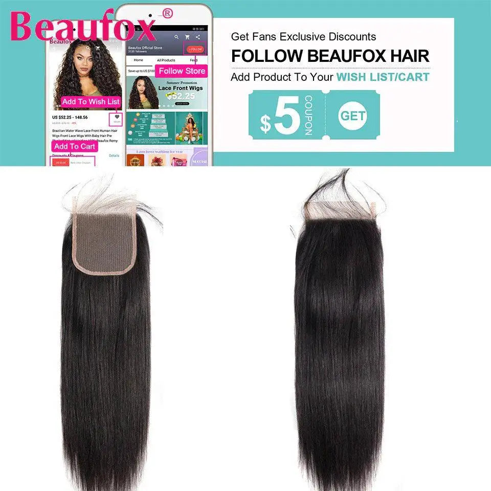 Beaufox Brazilian Straight Lace Closure Remy Hair 4x4
