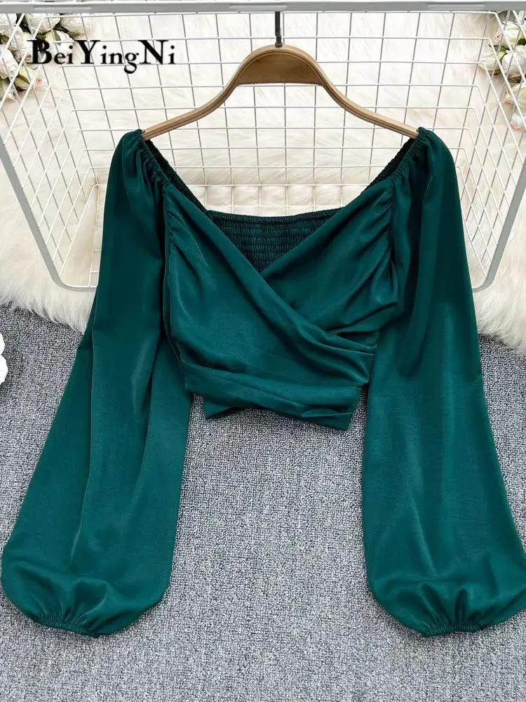 Beiyingni Chic V Neck Puff Sleeve Crop Tops Blouses Spring