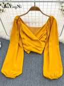 Beiyingni Chic V Neck Puff Sleeve Crop Tops Blouses Spring