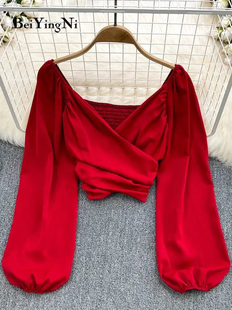 Beiyingni Chic V Neck Puff Sleeve Crop Tops Blouses Spring