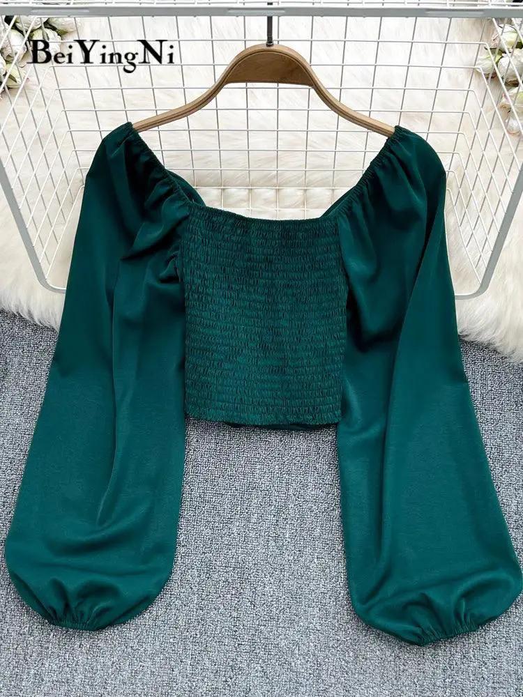 Beiyingni Chic V Neck Puff Sleeve Crop Tops Blouses Spring