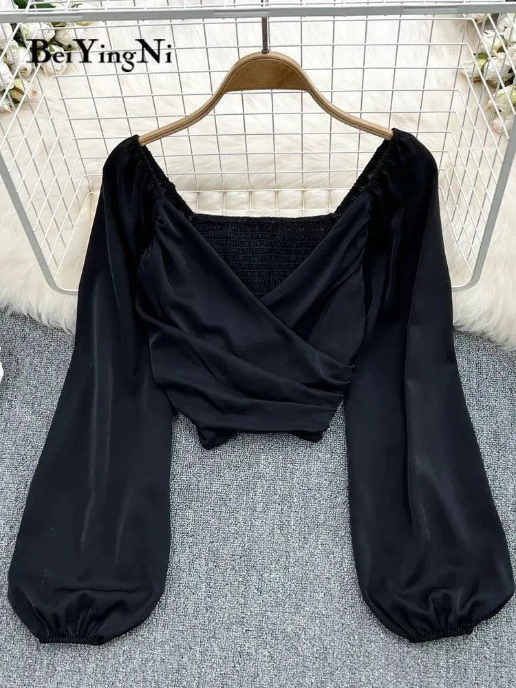 Beiyingni Chic V Neck Puff Sleeve Crop Tops Blouses Spring