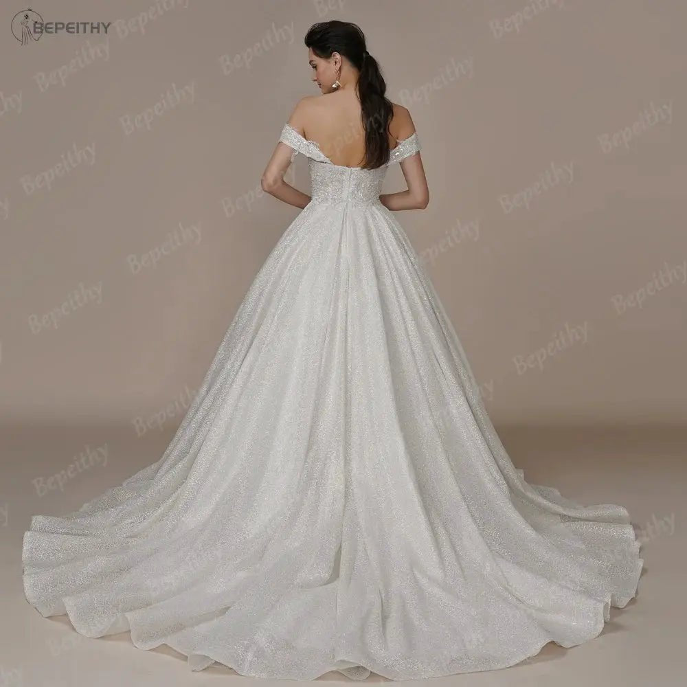 Bepeithy Ivory Glitter Strapless A Line Wedding Dress With Built In Bra Sparkle