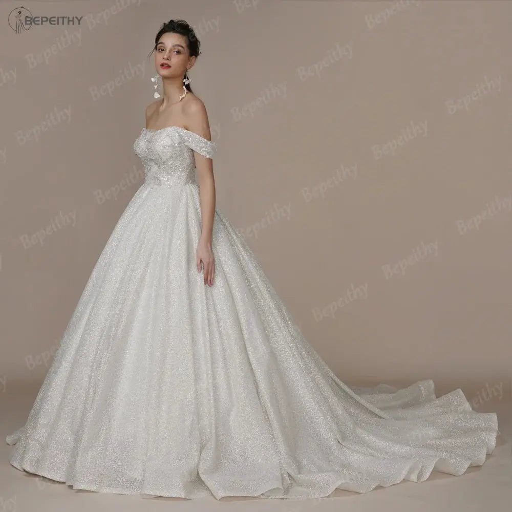Bepeithy Ivory Glitter Strapless A Line Wedding Dress With Built In Bra Sparkle