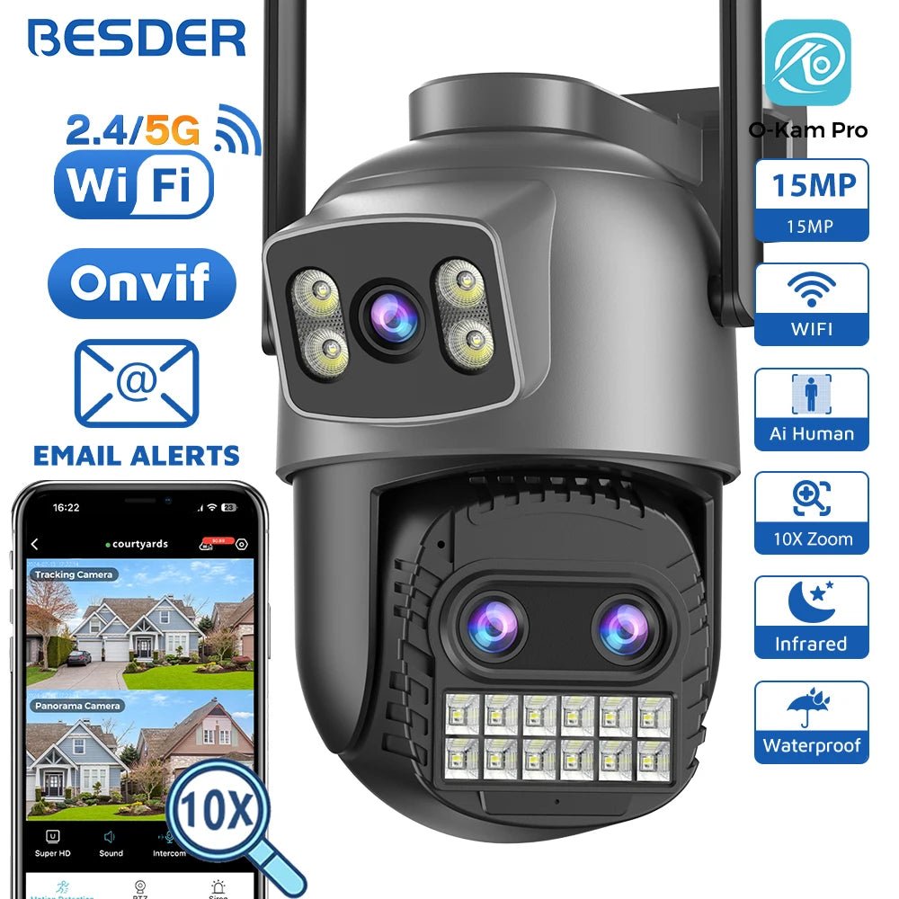 BESDER O Kam Pro 15MP Outdoor WiFi Dual Screen CCTV Camera With 10X Digital Zoom