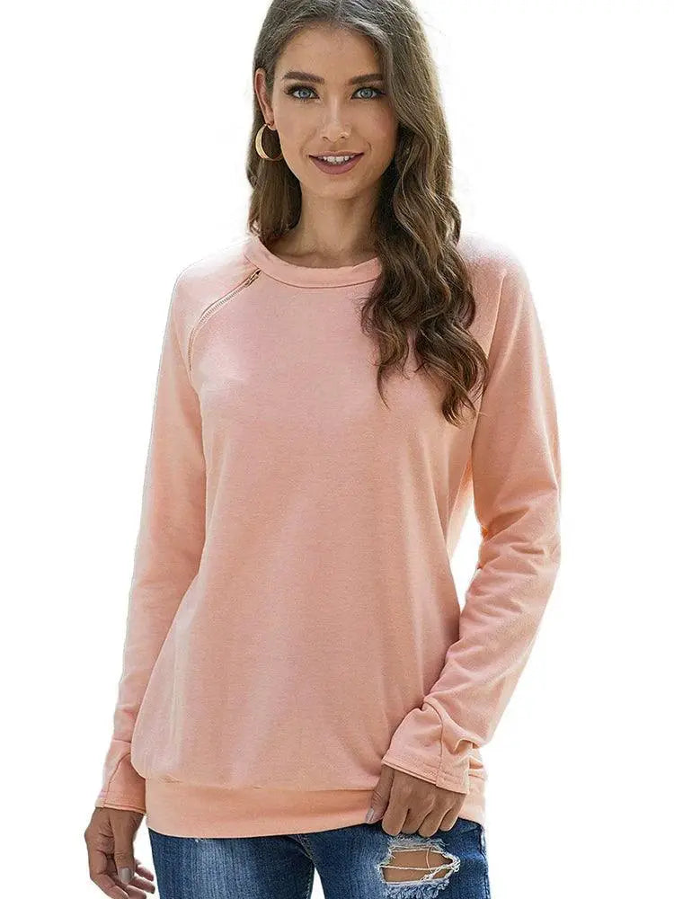 Autumn Solid Color Crew Neck Pullover With Zipper Detail