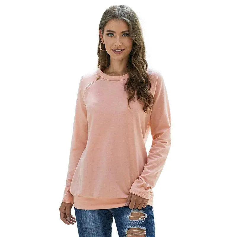 Autumn Solid Color Crew Neck Pullover With Zipper Detail