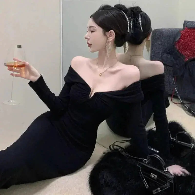 Black Evening Gown Off Shoulder Cocktail Dress Chic