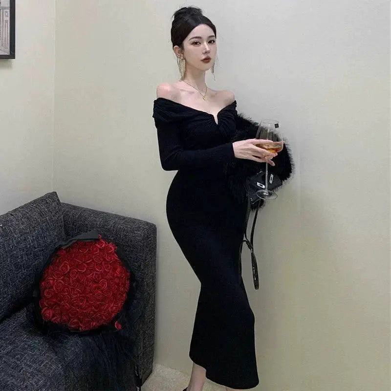 Black Evening Gown Off Shoulder Cocktail Dress Chic