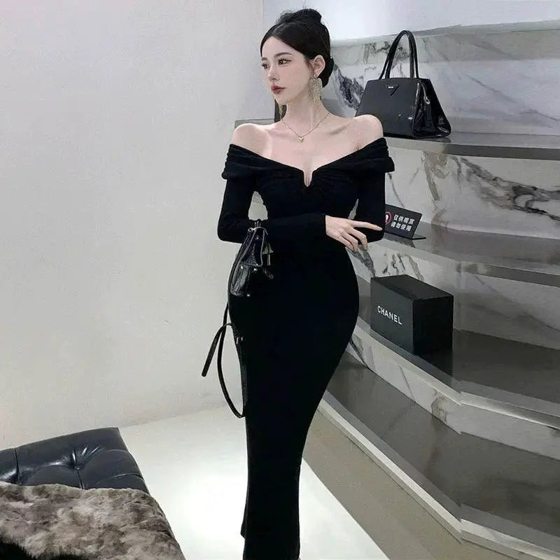 Black Evening Gown Off Shoulder Cocktail Dress Chic