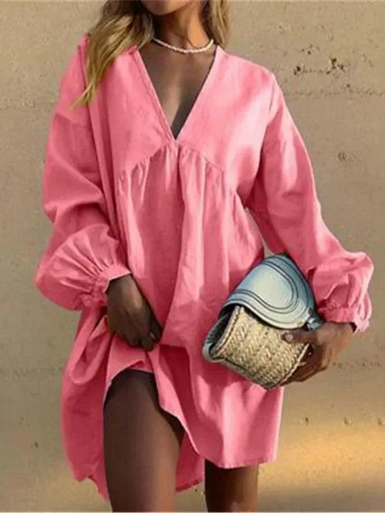 Blue Pink Cotton Linen Party Dress Stylish Summer Fashion