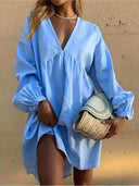 Blue Pink Cotton Linen Party Dress Stylish Summer Fashion