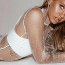 Boho Crystal Rhinestone Sequins Turtleneck Blouse Cover Up