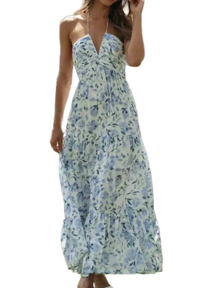 Boho Floral Maxi Dress Backless Summer Beach Chic Style - Solid Blue XL product image