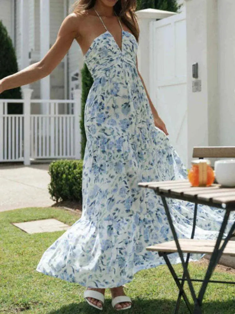 Boho Floral Maxi Dress Backless Summer Beach Chic Style