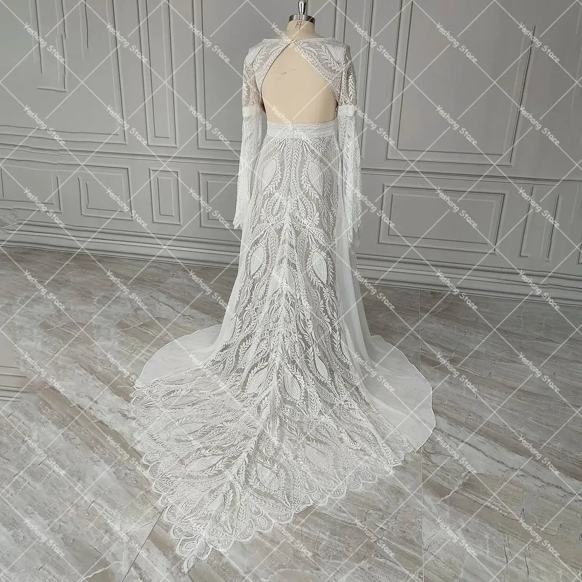 Boho Lace Backless Wedding Dress With Front Leg Slit And Split Bell Sleeves