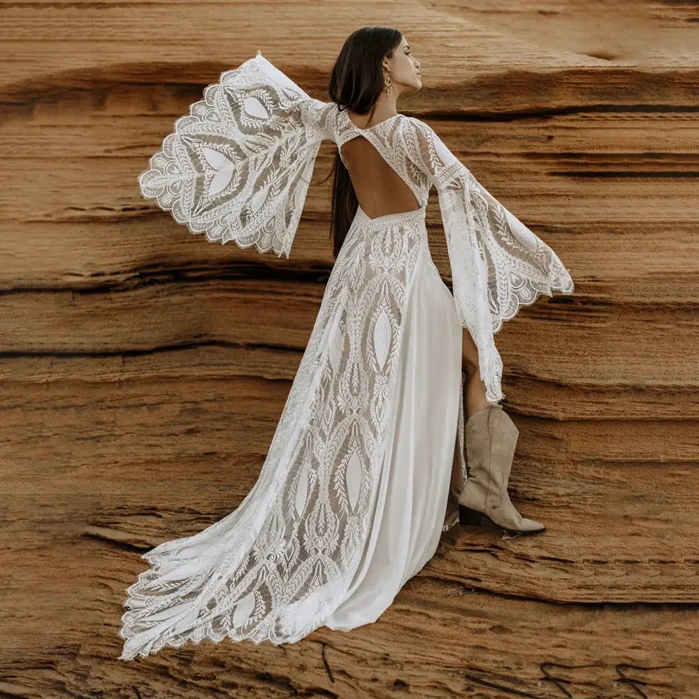 Boho Lace Backless Wedding Dress With Front Leg Slit And Split Bell Sleeves