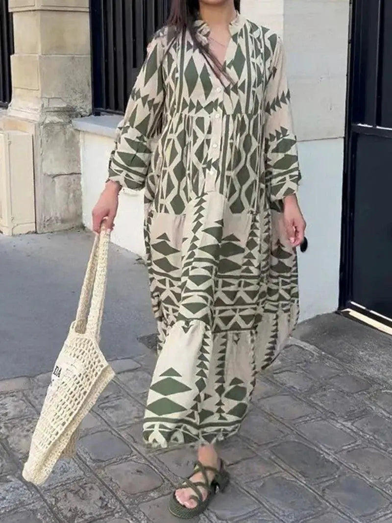 Boho Summer Maxi Dress Vintage Buttons Elegant Style