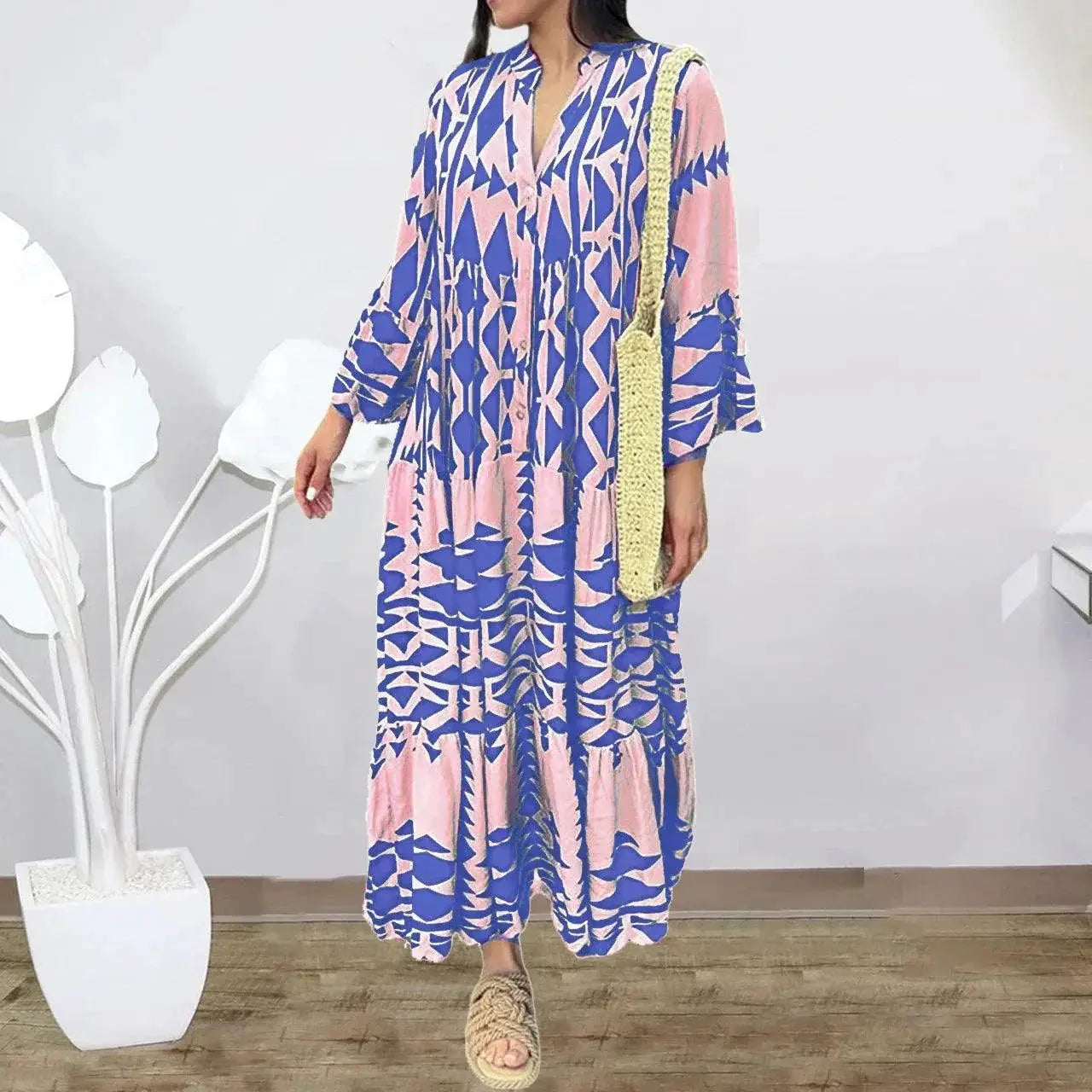 Boho Summer Maxi Dress Vintage Buttons Elegant Style