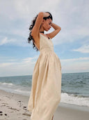 Bornladies Vintage A-line Cotton Beach Dress Stylish V-neck Beauty