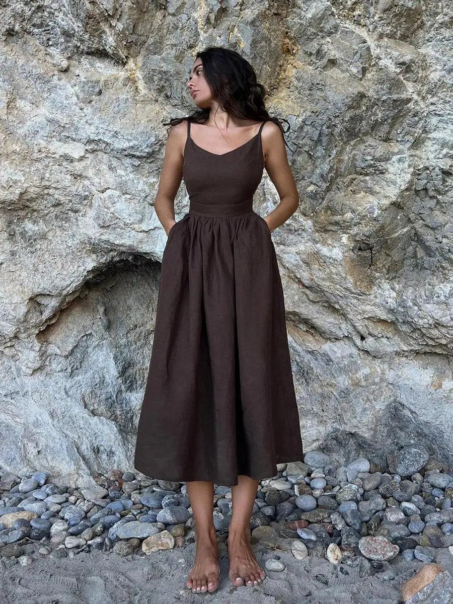 Bornladies Vintage Aline Cotton Beach Dress Vneck Chic